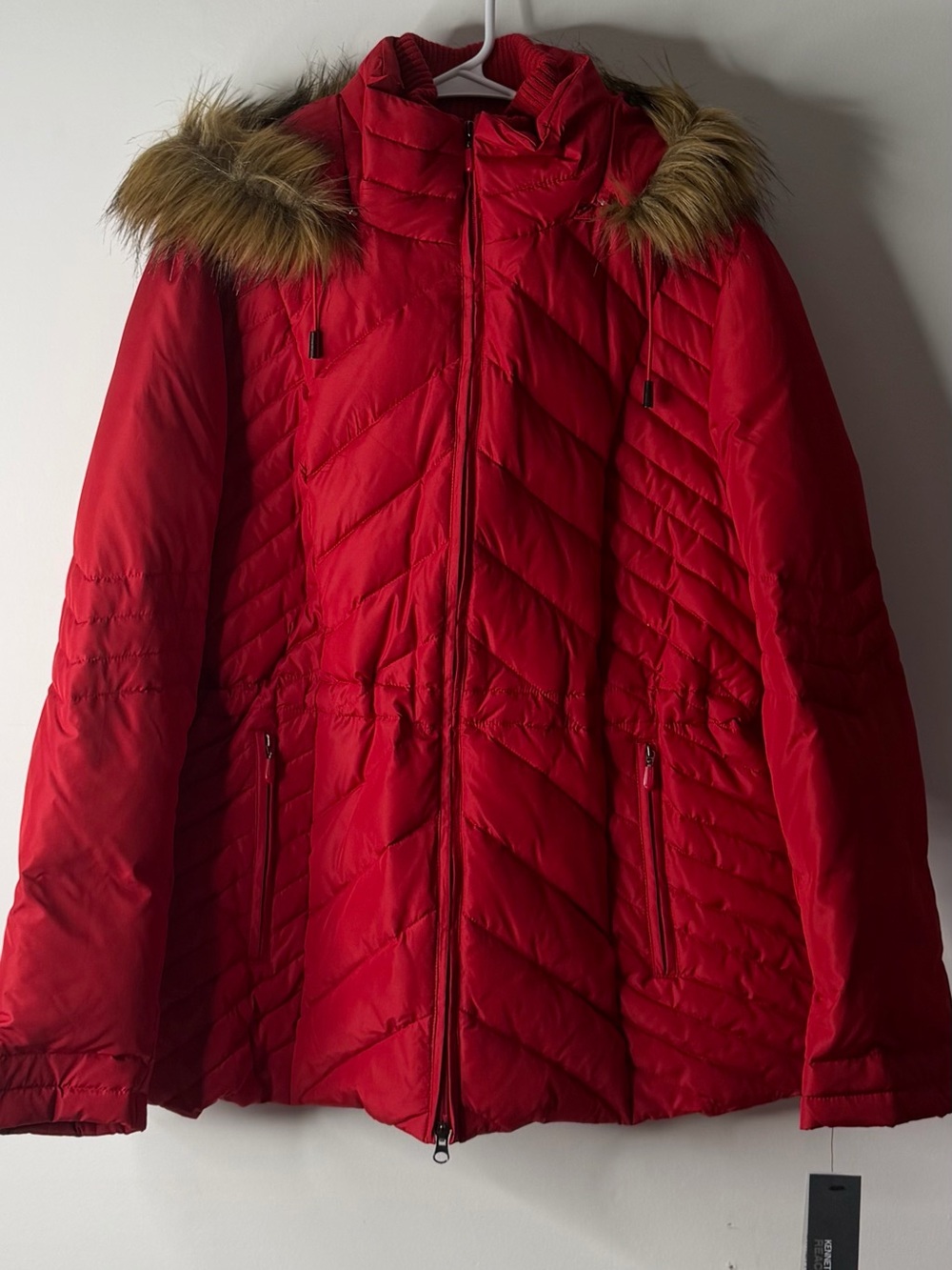 Kenneth Cole Red Quilted Hooded Puffer with Faux Fur Trim
